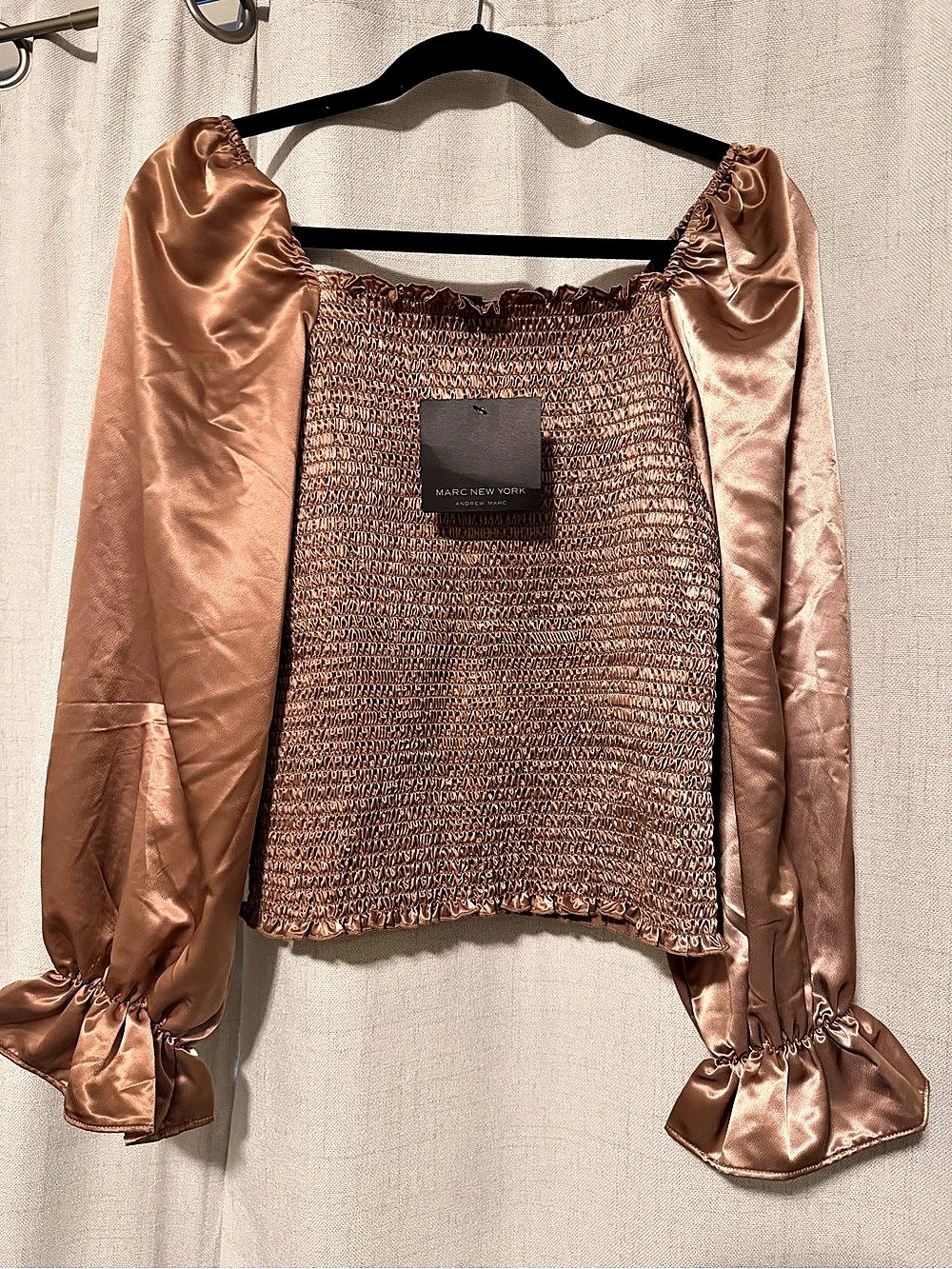 Marc New York Smocked Satin Blouse in Brown Size Small